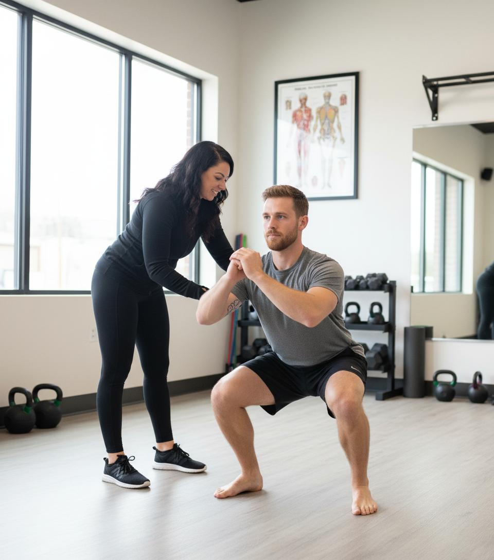 Physical therapist performing functional movement assessment with patient in Scarborough physical therapy clinic