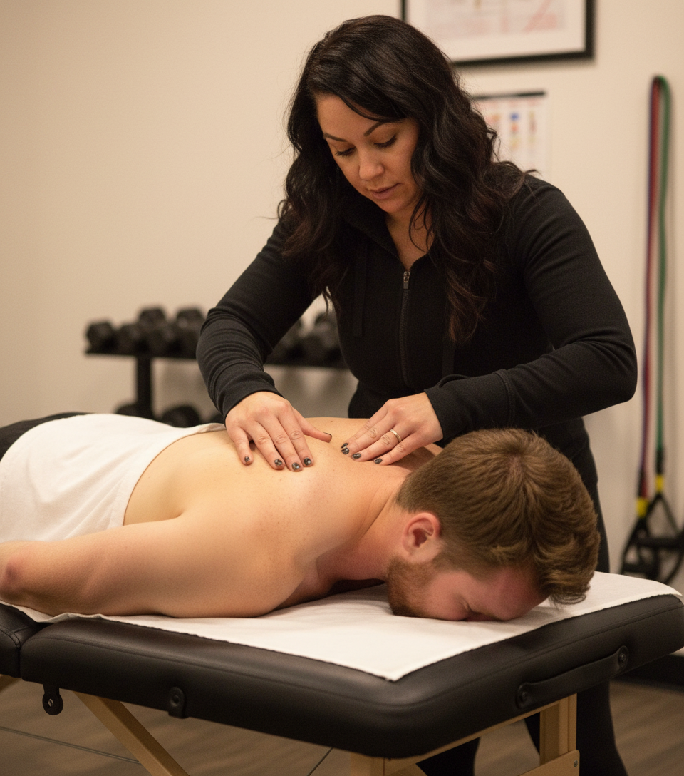 Dr. Brianna Stagg performing shoulder manual therapy on athlete in Scarborough physical therapy clinic