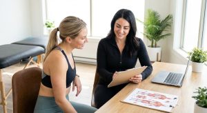 Patient working with a provider at a performance physical therapy clinic in Scarborough, ME during an initial evaluation consultation 