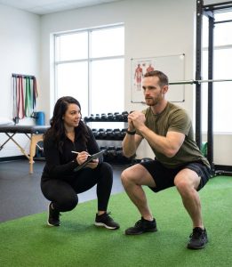 Physical therapist conducting movement assessment at a performance therapy clinic in Scarborough
